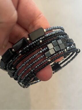 Multi-Strand Hematite Bead Wrap Bracelet - Black